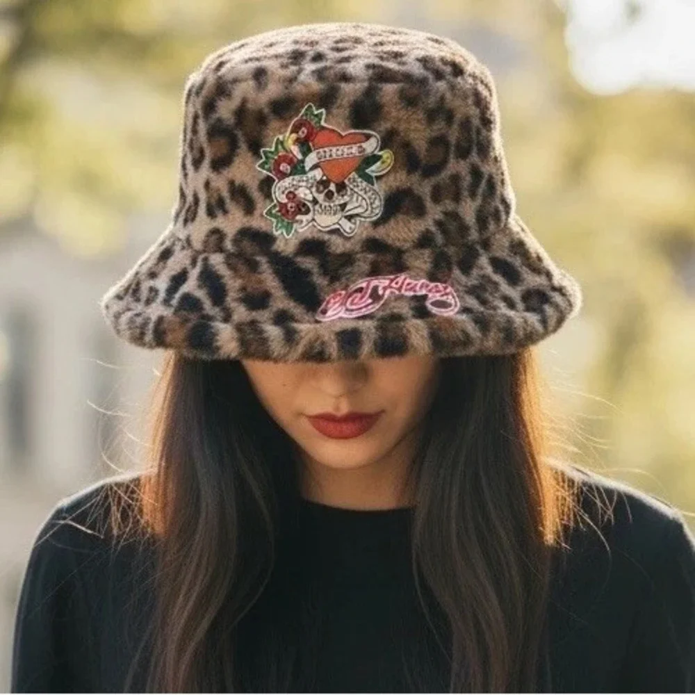 Ed Hardy Leopard Faux Fur Bucket Hat Love Kills Slowly Skull Heart One Size